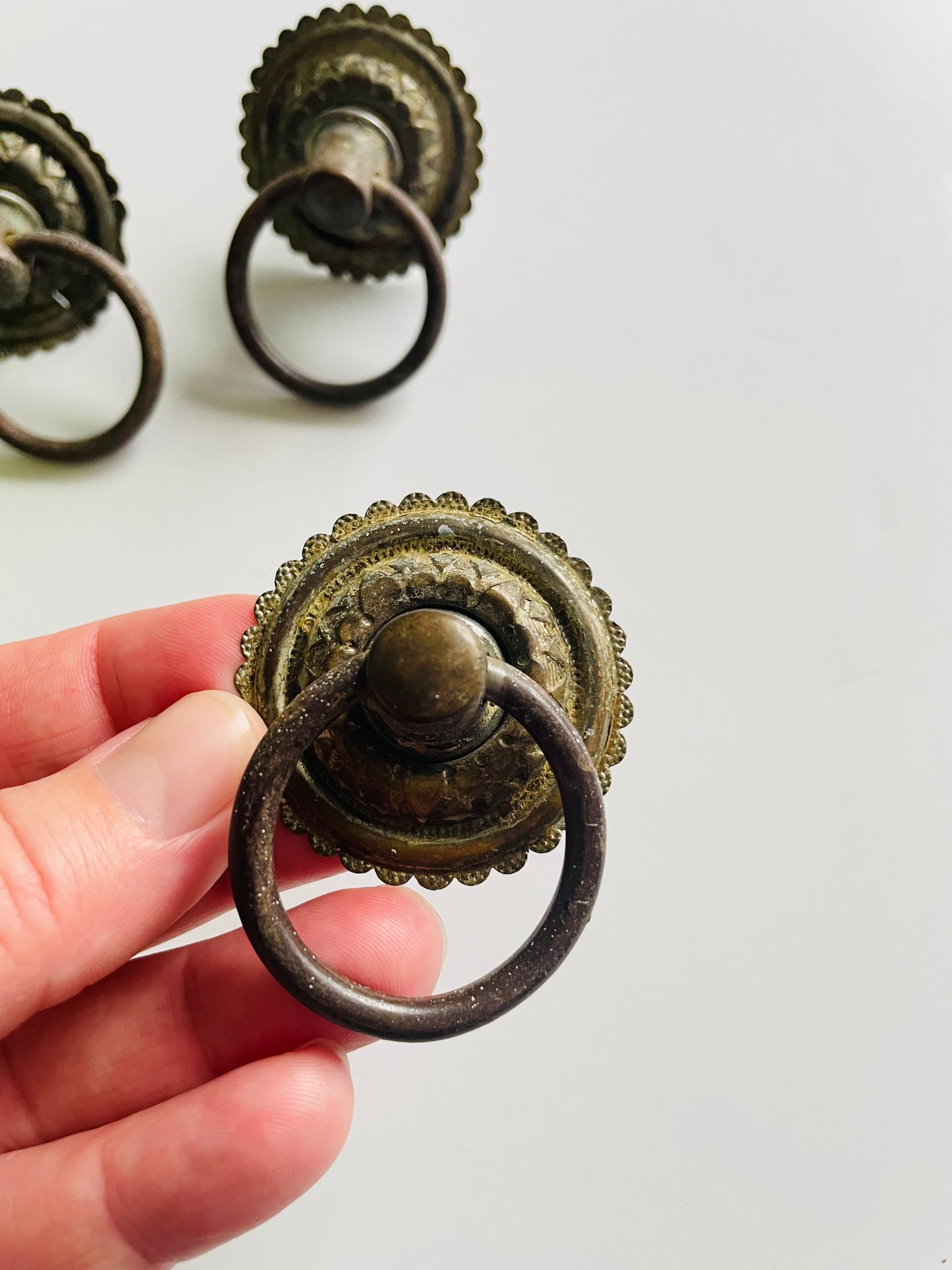 Antique Victorian Tin & Brass Drawer Pull Ring Handles - Set of 3 - As Found