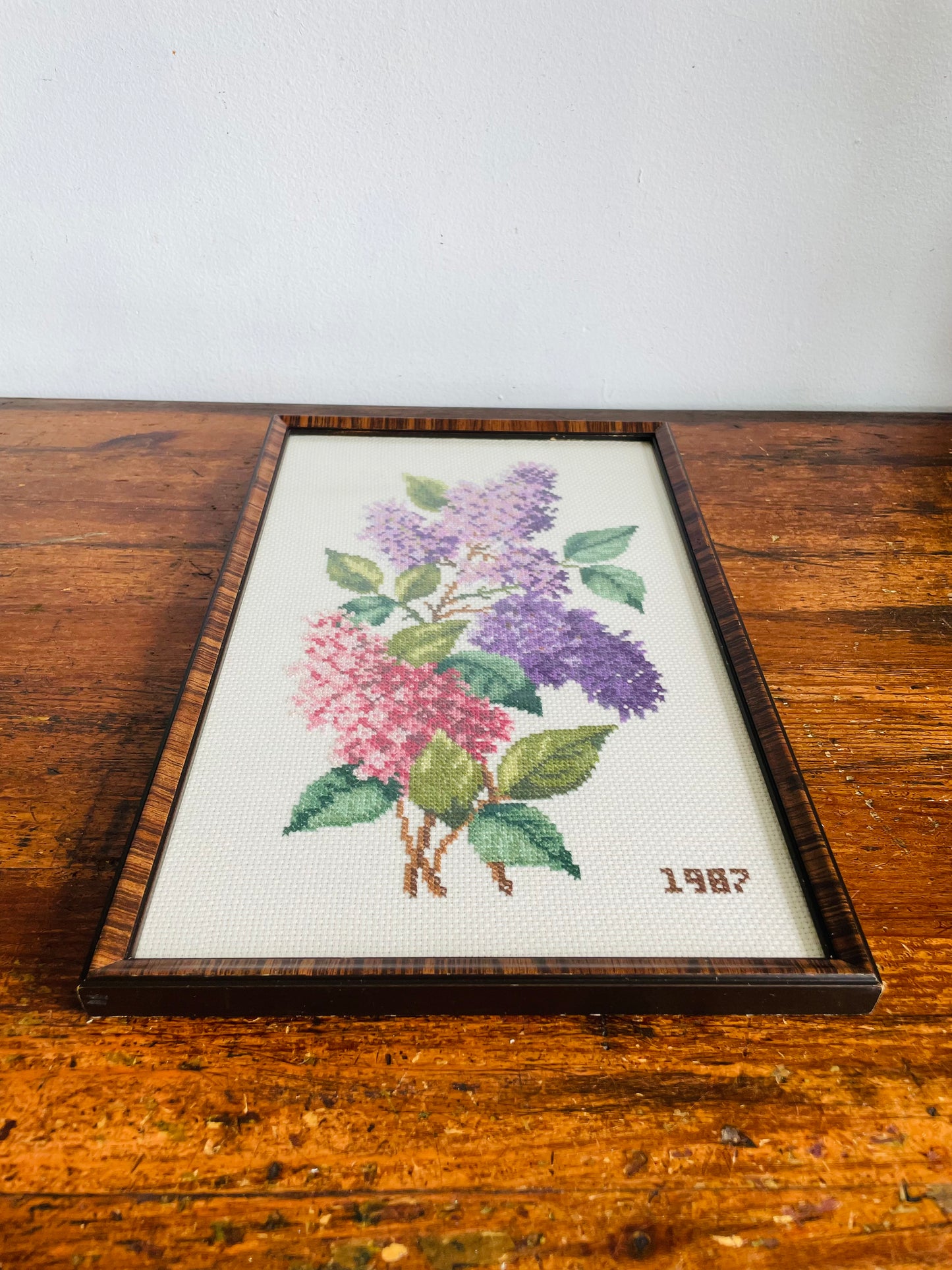 Vintage 1987 Cross Stitch Embroidery Picture of Purple Lilac Flowers