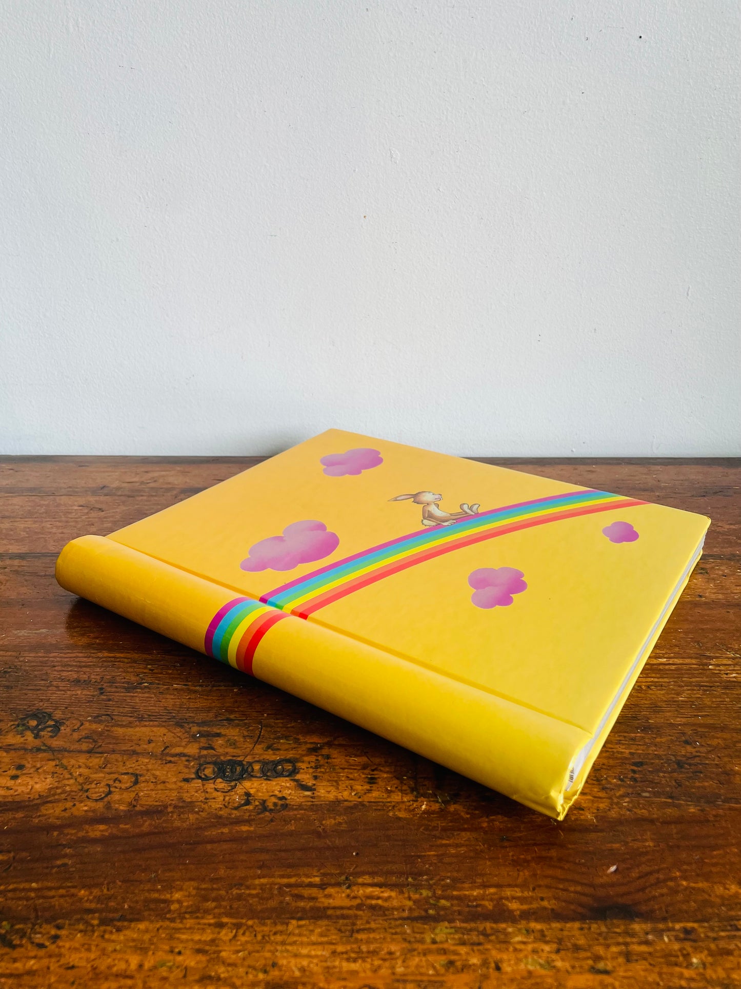 Vintage 1988 Bright Yellow 40 Page Photo Album or Scrapbook with Rabbit Sliding Down Rainbow - Made in Canada