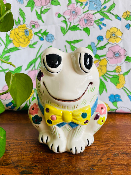 Adorable 1969 Ceramic Frog with Bow Tie and Flowers - Painted & Signed by Doris