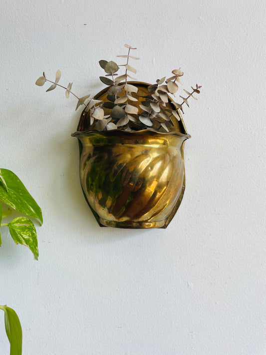 Solid Brass Scalloped Wall Pocket Planter Vase #1 - Made in India