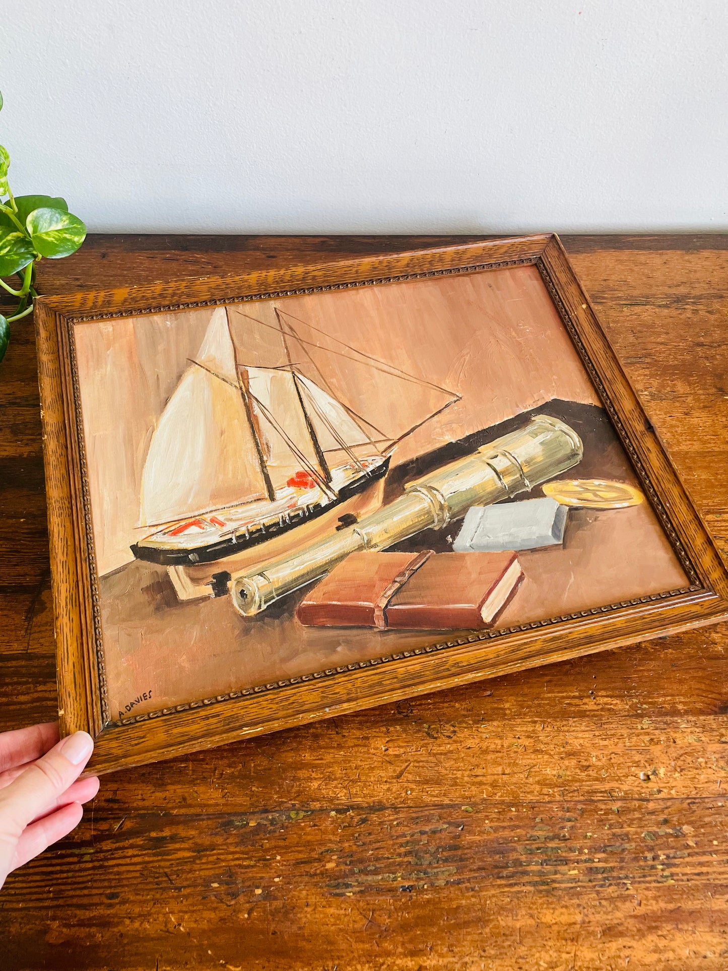 Vintage 1961 Original Art Nautical Still Life Painting Picture of Ship Captain Equipment - Artist Signed Anne Davies from Moncton, New Brunswick