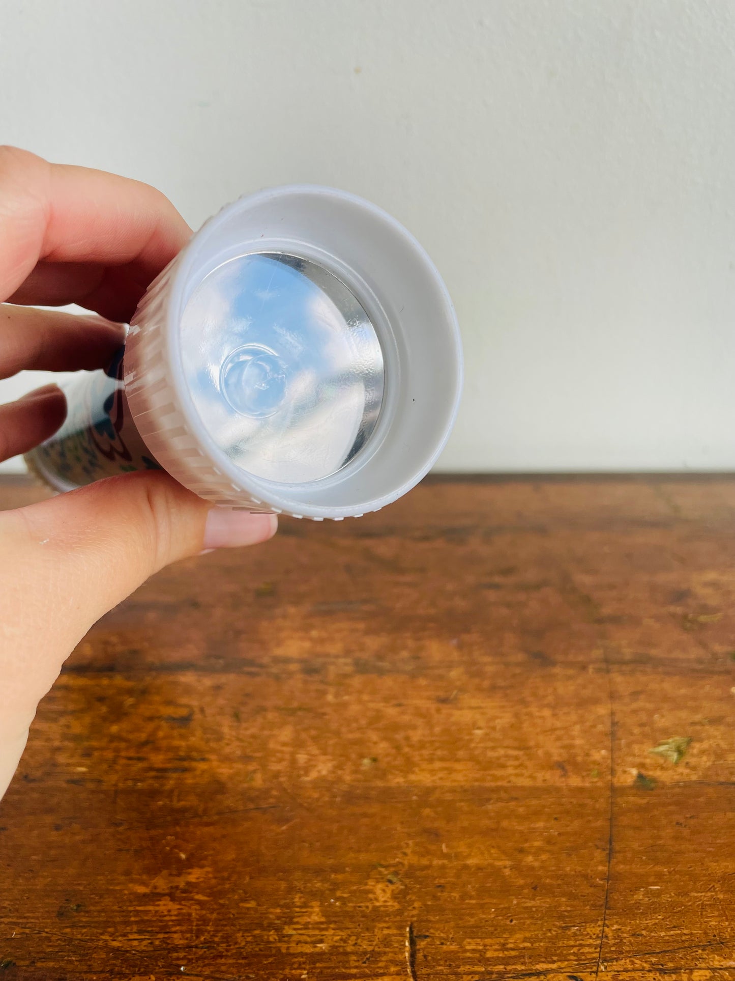 Vintage Rose Brand White Metal Flashlight with Purple, Blue & Green Flower Power Design - Made in Hong Kong - Tested / Works!