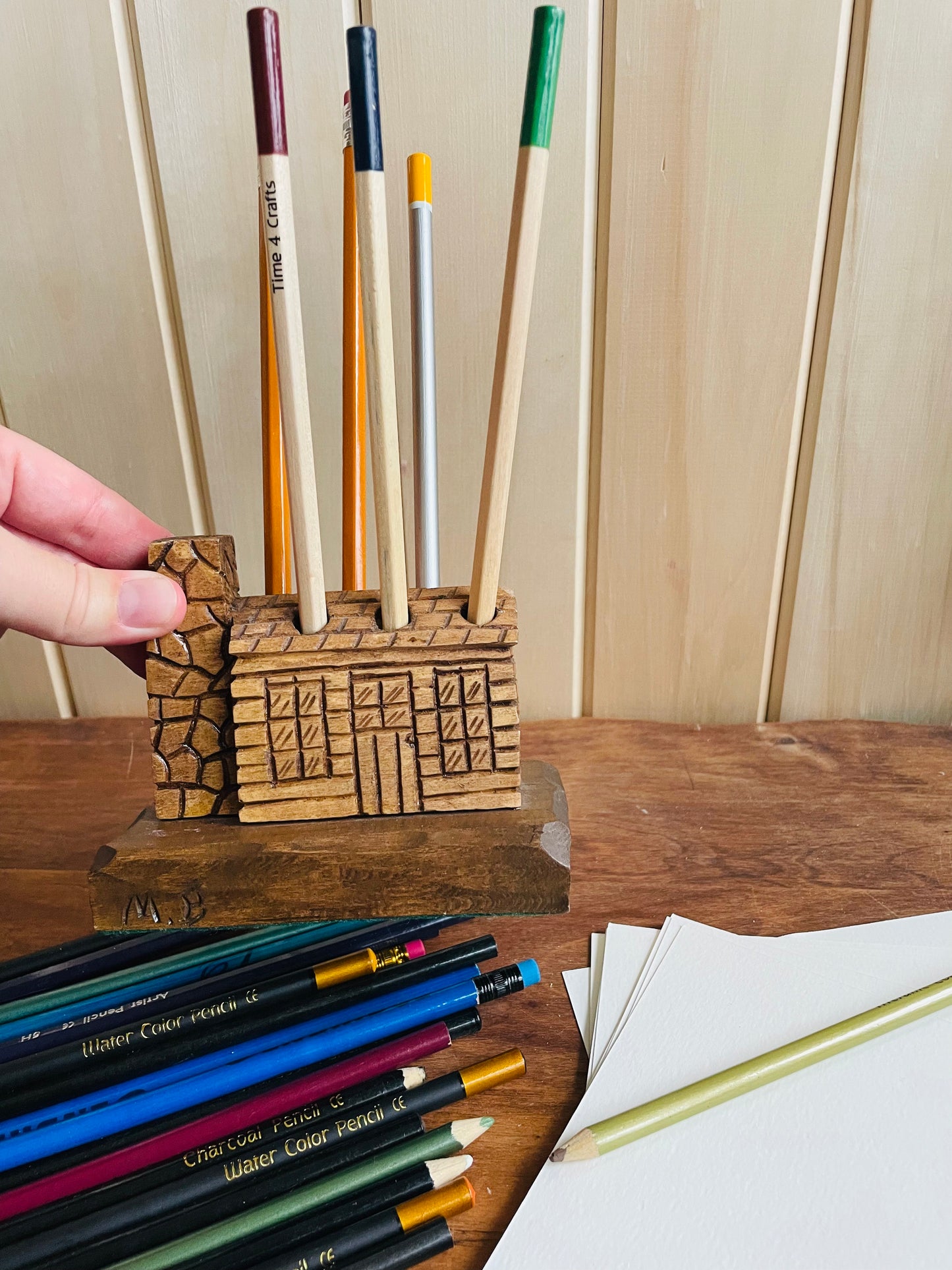 Handmade Carved Wood Log Cabin Pen or Pencil Holder