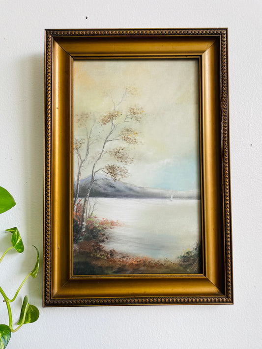 Antique 1922 Original Art Soft Pastel Painting Picture in Gold Frame of Sailboat on Autumn Lake With Mountains - Artist Signed