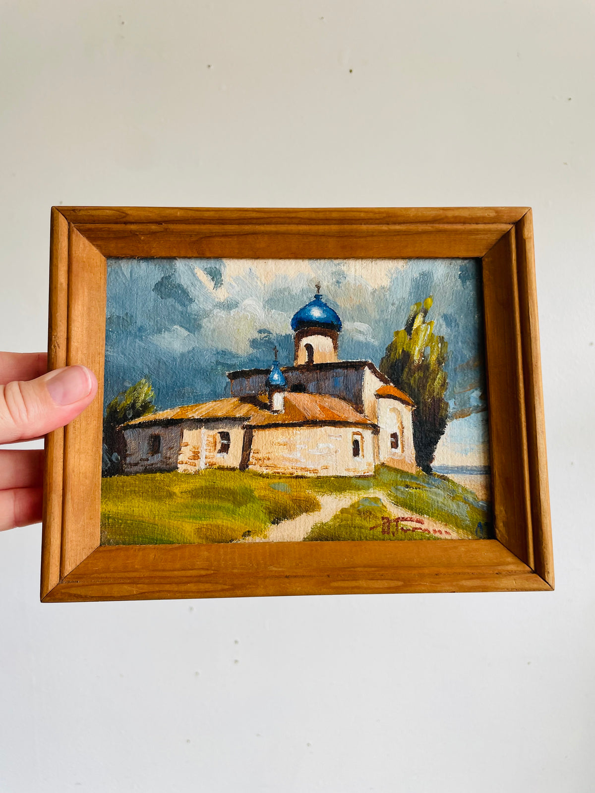 Vintage Original Art Painting Picture of Eastern European Church Landscape & Sky Scene