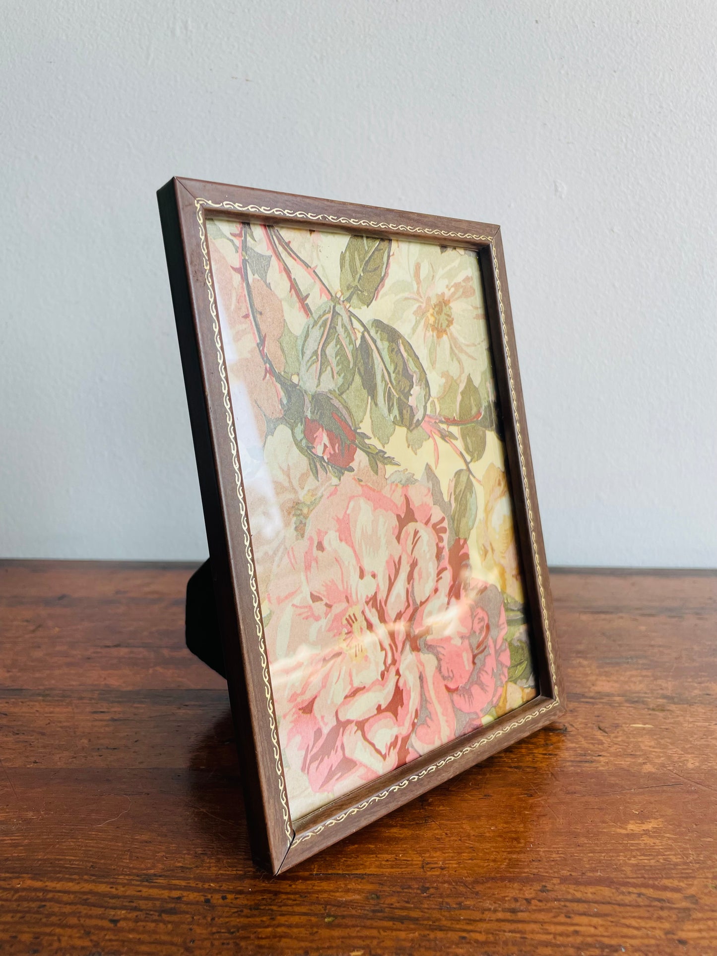 Brown & Gold Metal Picture Frame with Muted Floral Print - Can Prop or Hang