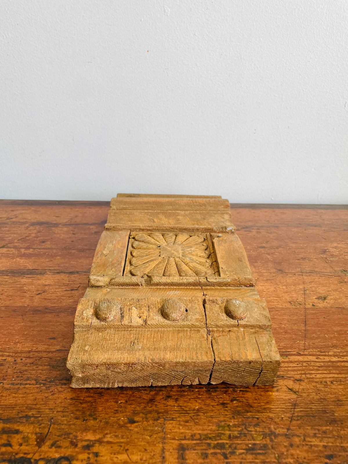 Vintage Wood Architectural Salvage Plinth Block Piece with Floral Rosette & Molded Trim - Can Hang or Stand