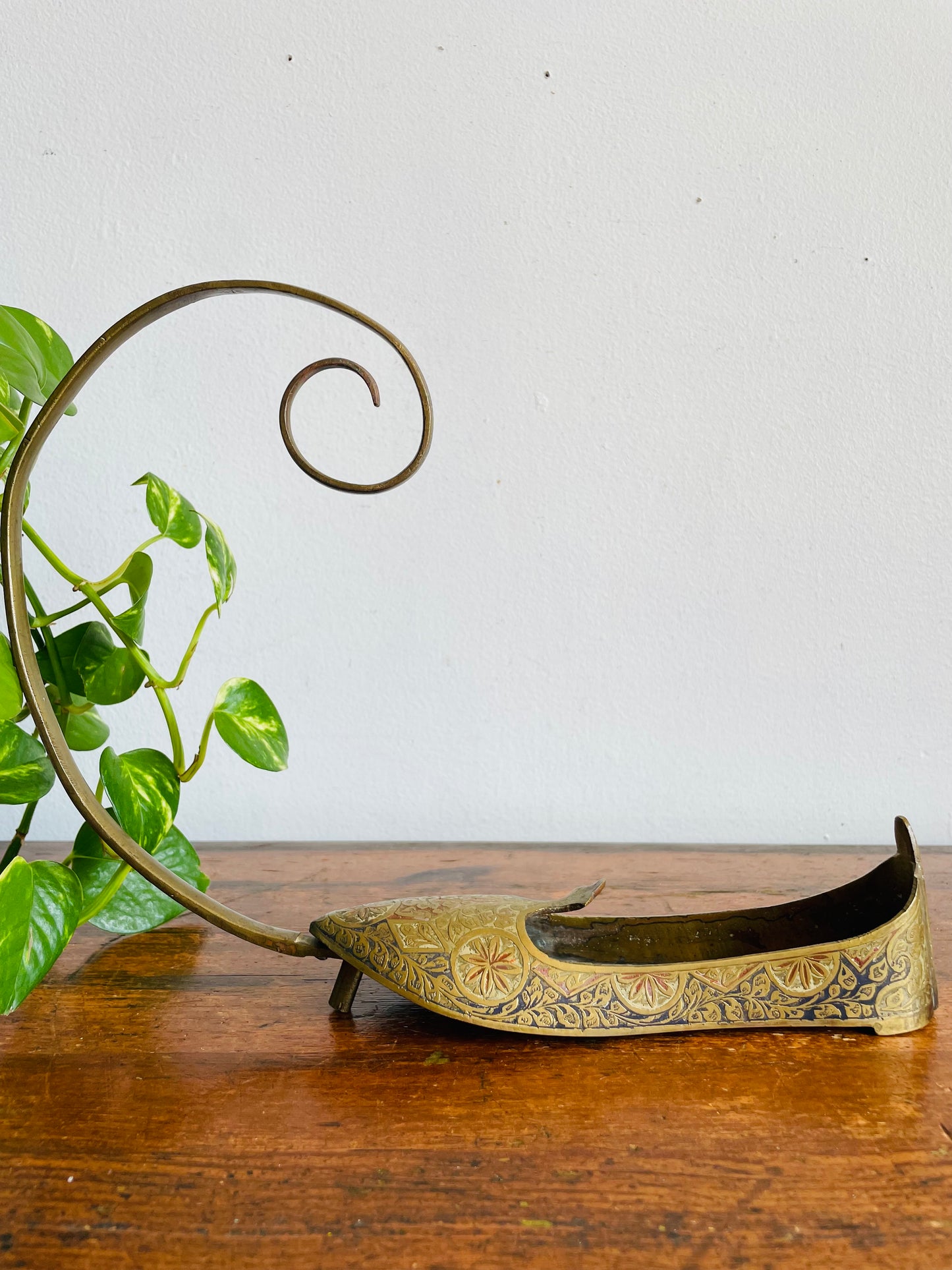 Vintage Brass Indian Slipper Shoe Trinket Dish with Etched Enamel Design & Ornate Details