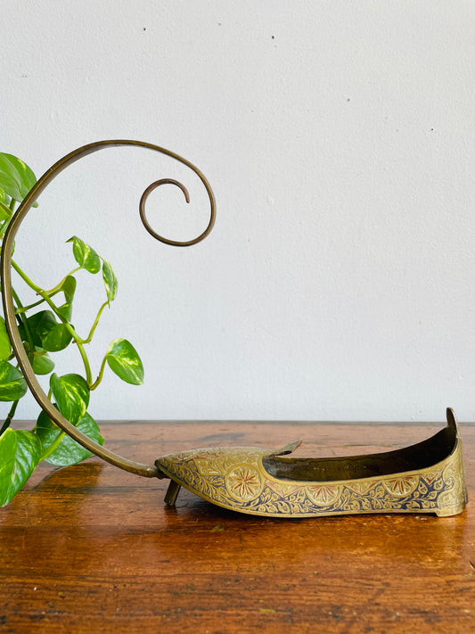 Vintage Brass Indian Slipper Shoe Trinket Dish with Etched Enamel Design & Ornate Details