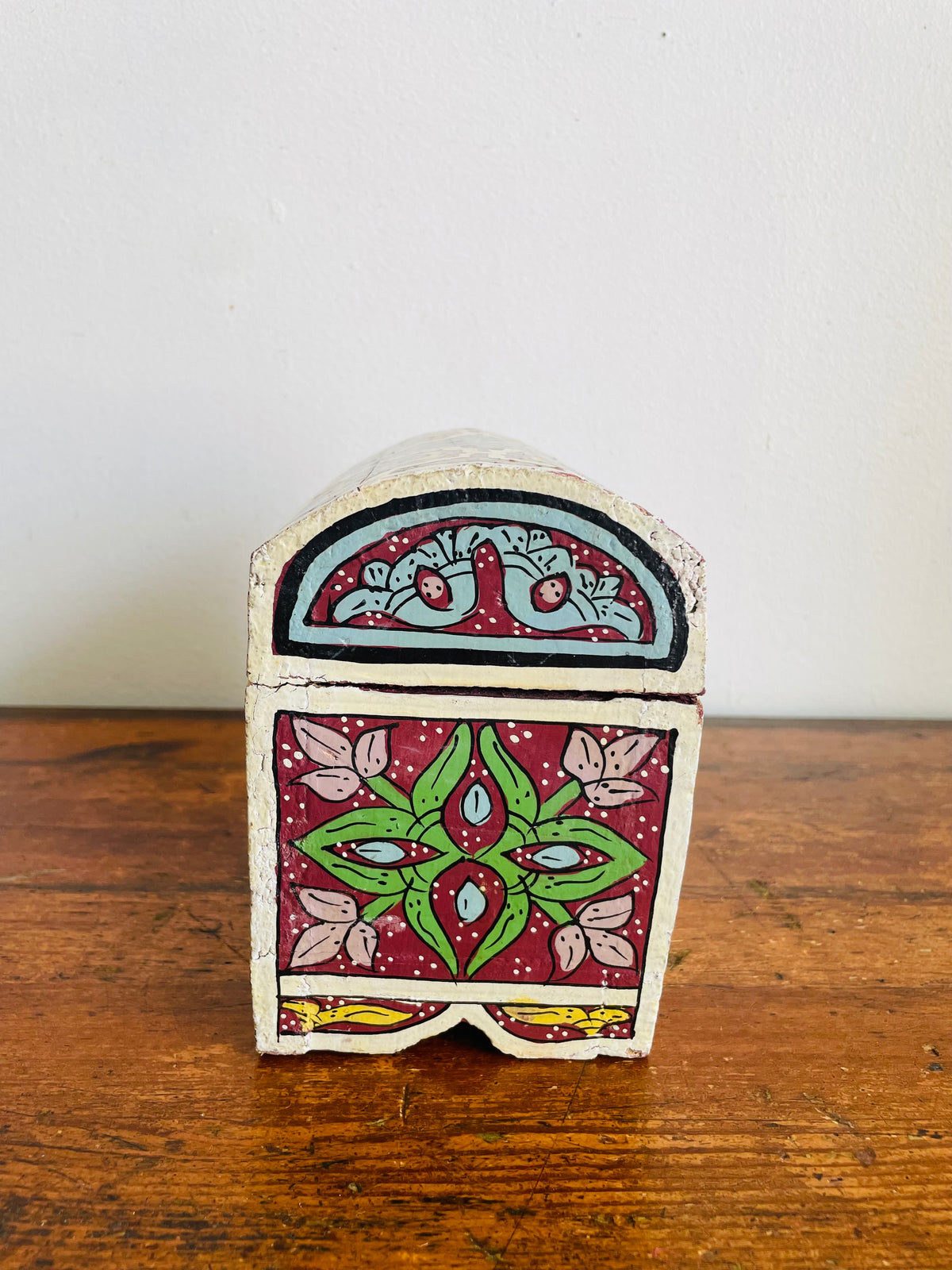 Vintage Moroccan Hand-Painted Wood Jewellery Trinket Treasure Chest Box with Hinged Lid & Colourful Bright Folk Art Design