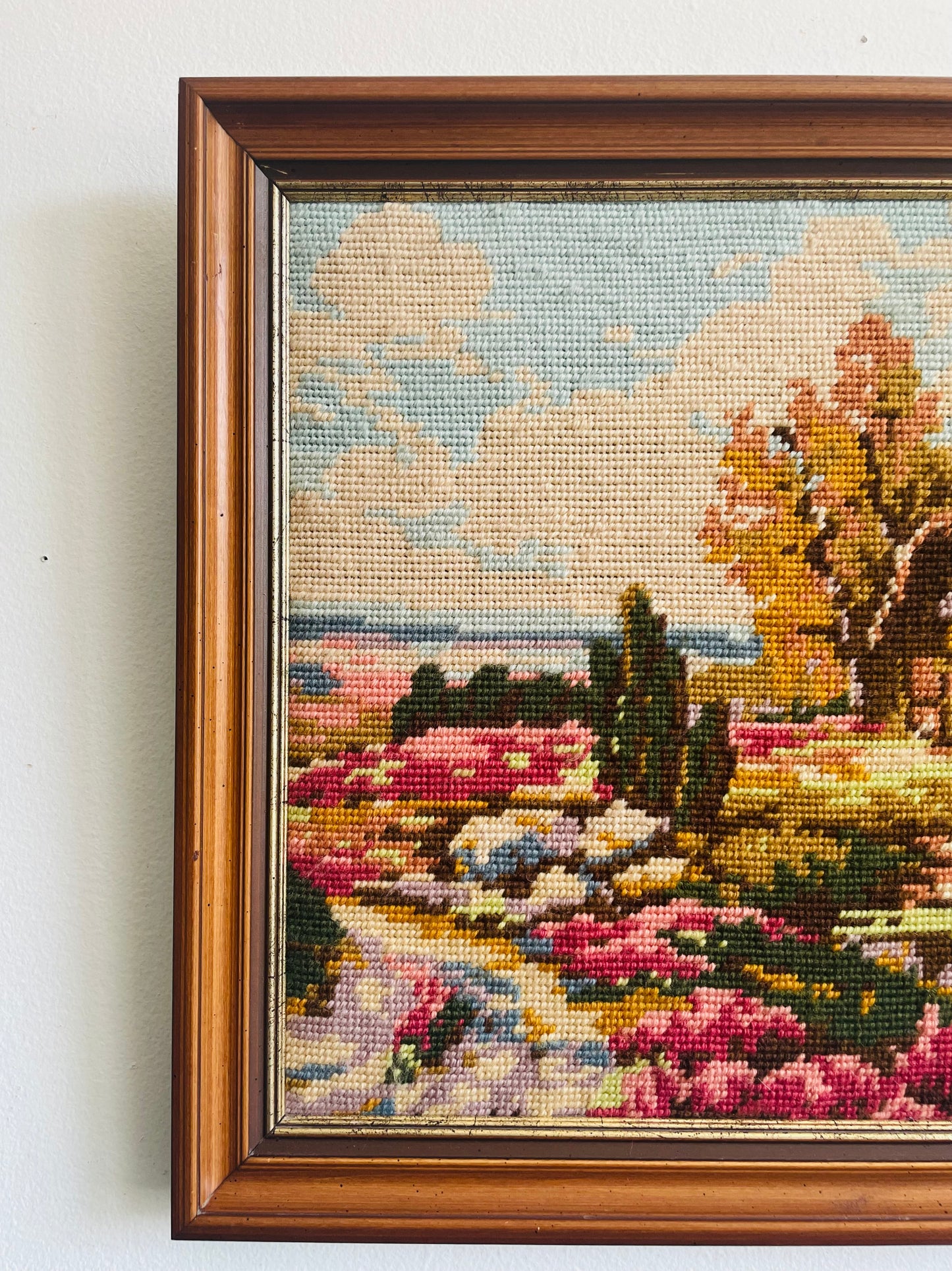 Vintage Needlepoint Embroidery Picture of Thatched Roof Cottage in Countryside with Beautiful Gardens