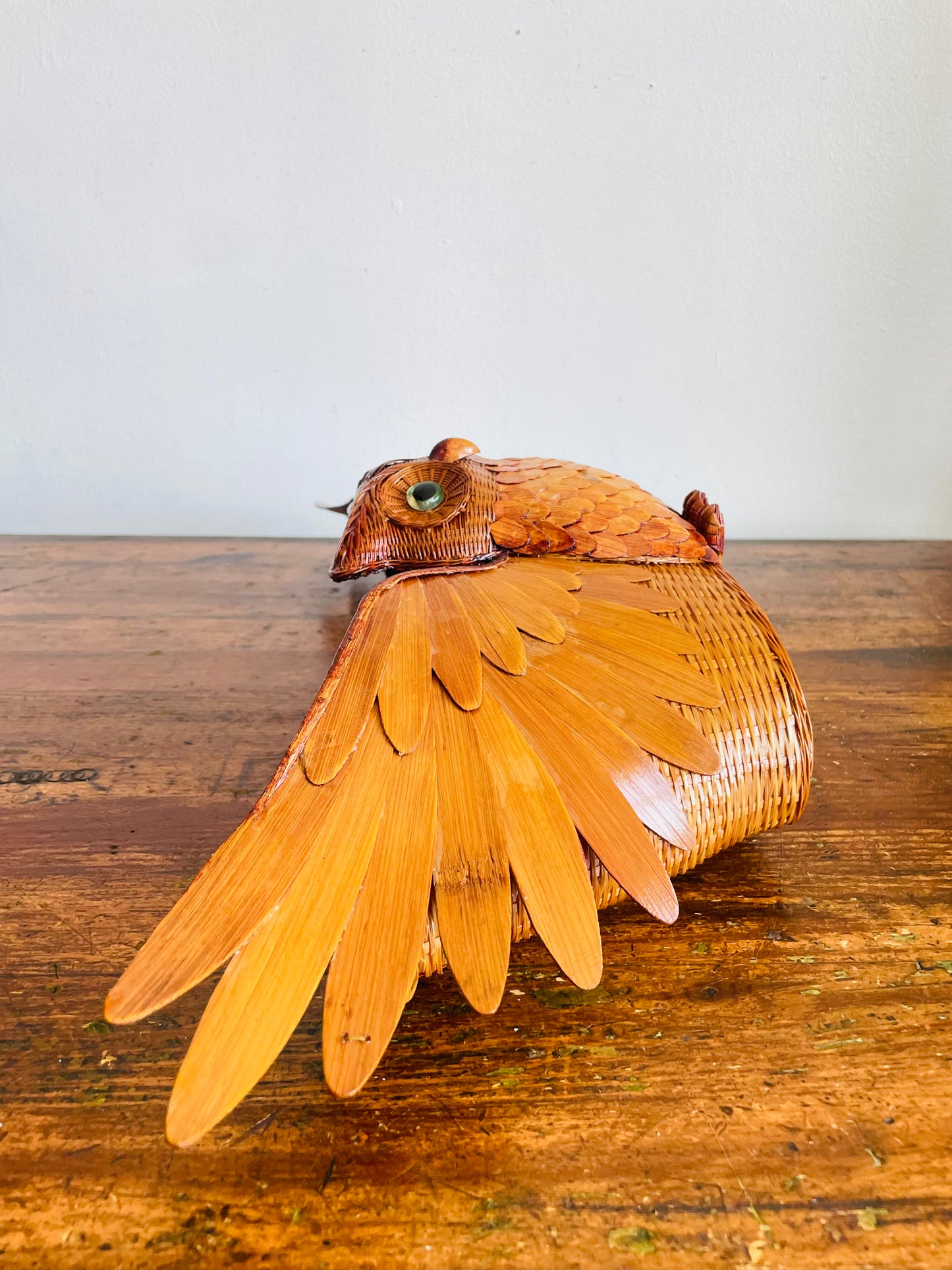 Vintage 1970s Wicker Wood Owl Wall Pocket Basket - Can Stand or Hang on Wall - 20.5" Wingspan - No Shipping