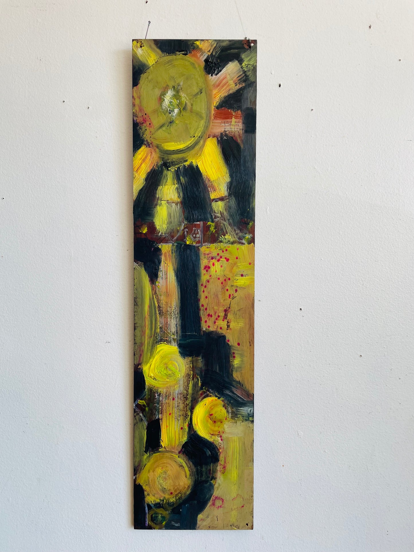 Original Art Yellow & Black Abstract Painting on Wood Board with Fish Hooks to Hang From Wall - Purchased from an Artist's Estate in Fort Erie, ON - No Shipping