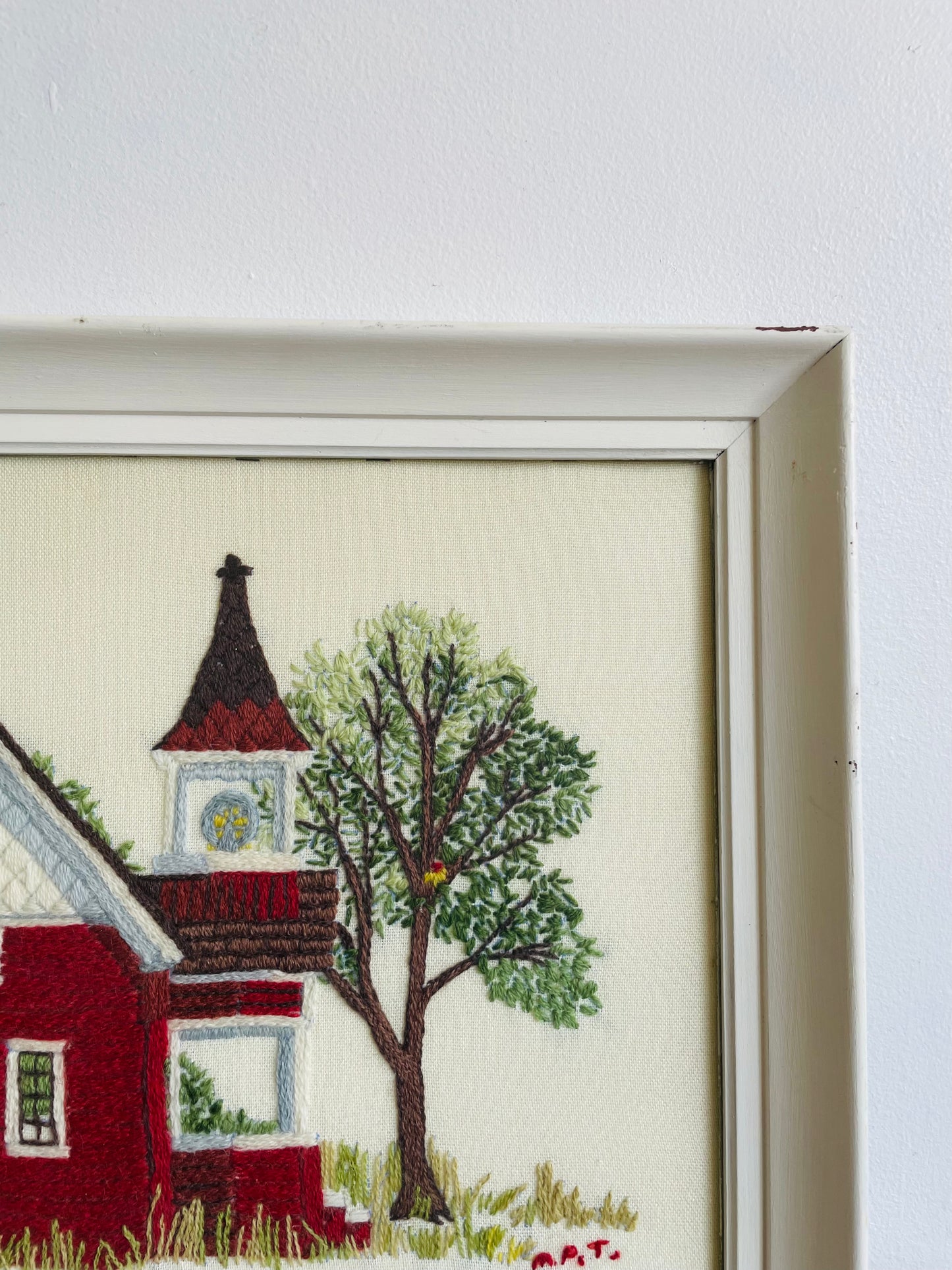 Absolutely Adorable Framed Crewel Needlepoint Embroidery Picture of Red One Room Schoolhouse