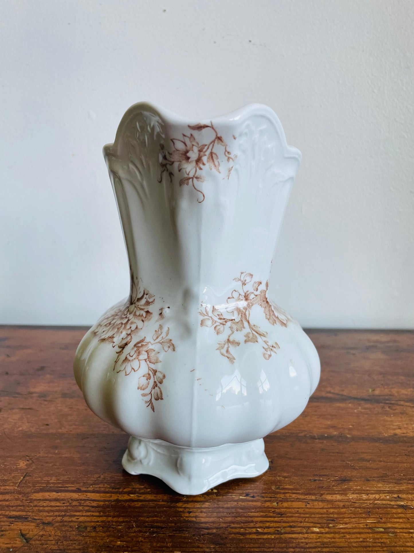 Vintage White & Brown Transferware Vase Pitcher with Ornate & Floral Pattern