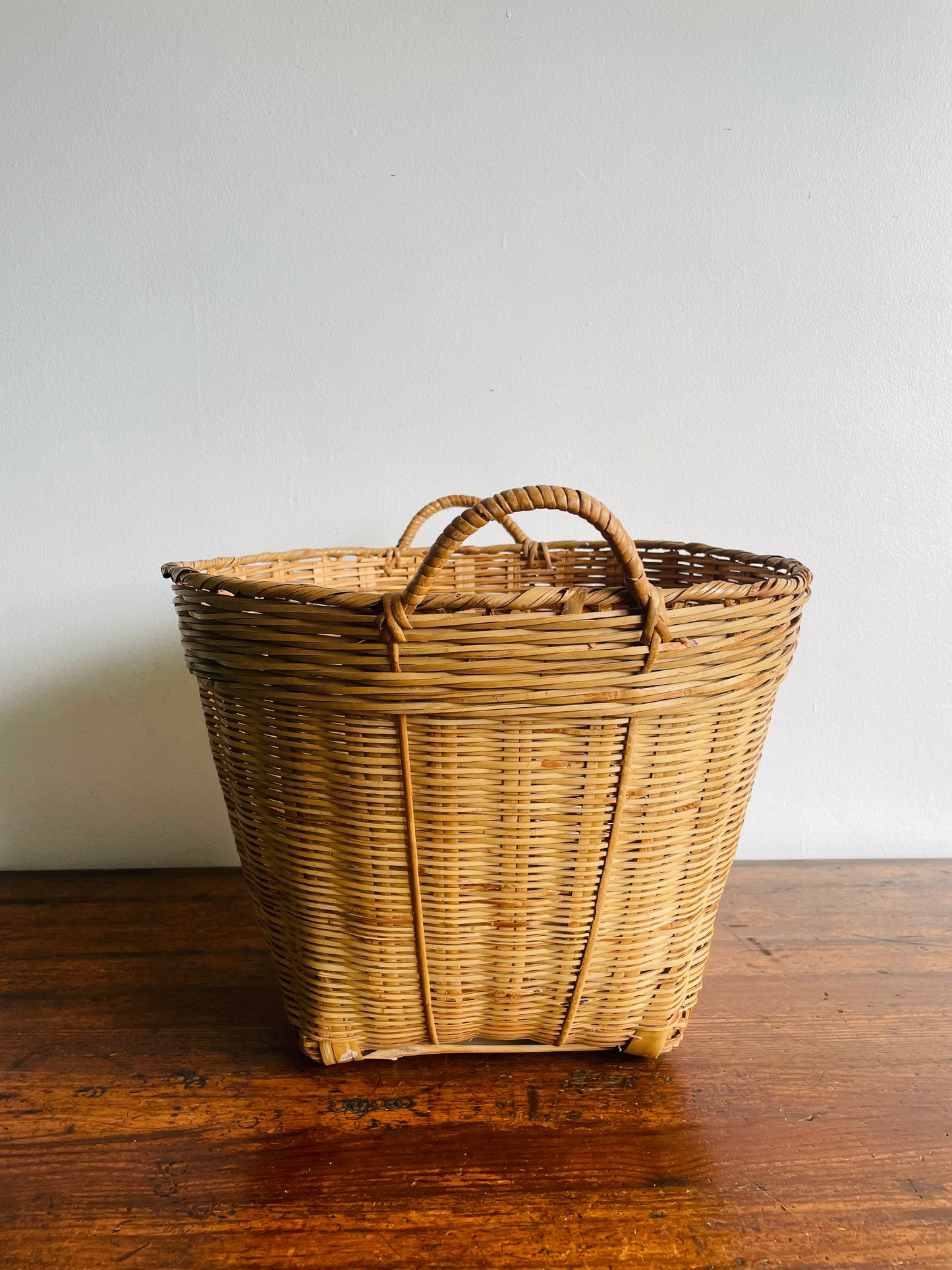 Large Wicker & Bamboo Square Base Basket with Handles - Makes a Great Plant Holder!