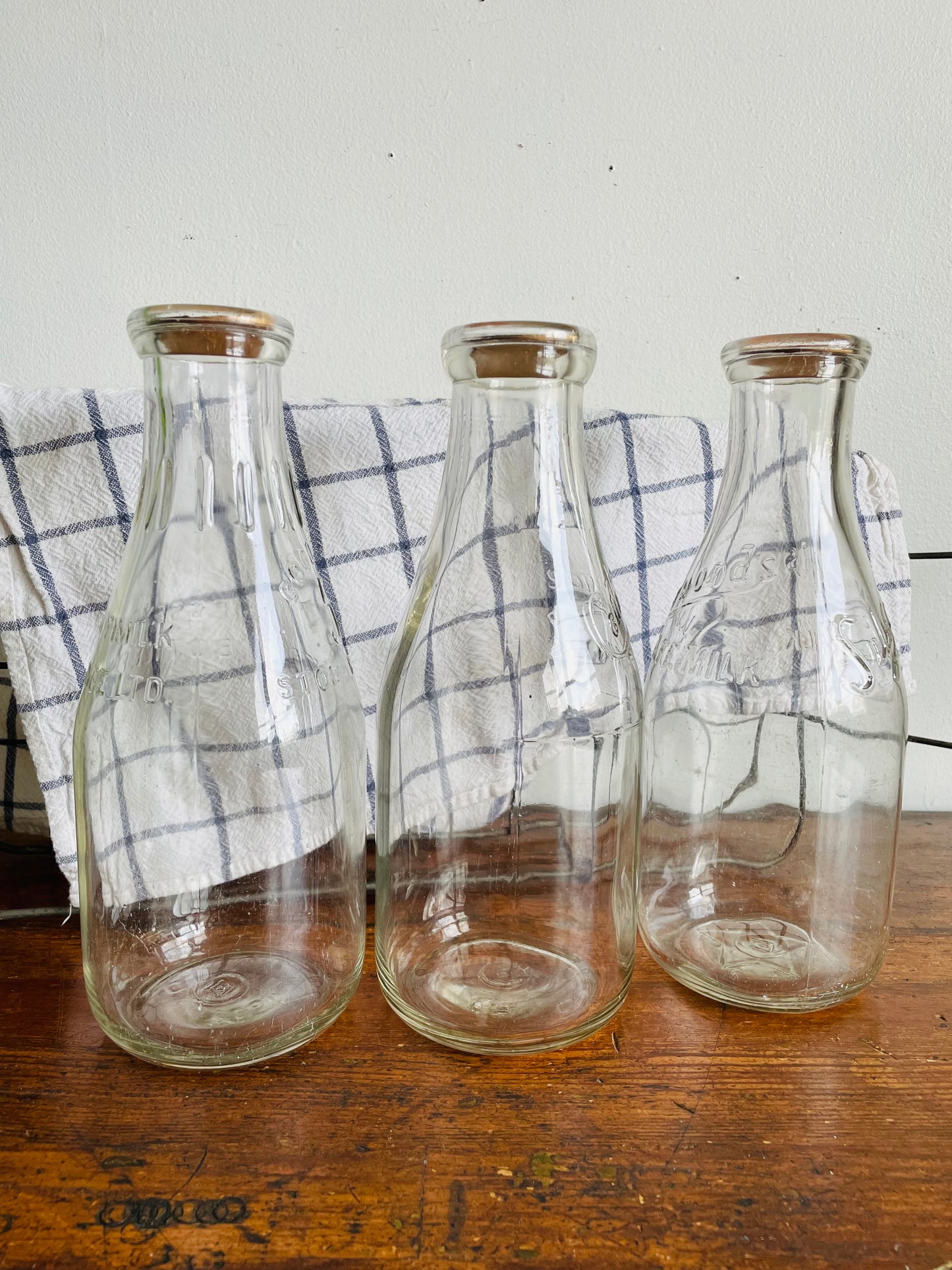 Vintage Metal Milk Bottle Caddy Carrier with Handles & Three Glass Milk Bottles with Cardboard Bottle Caps