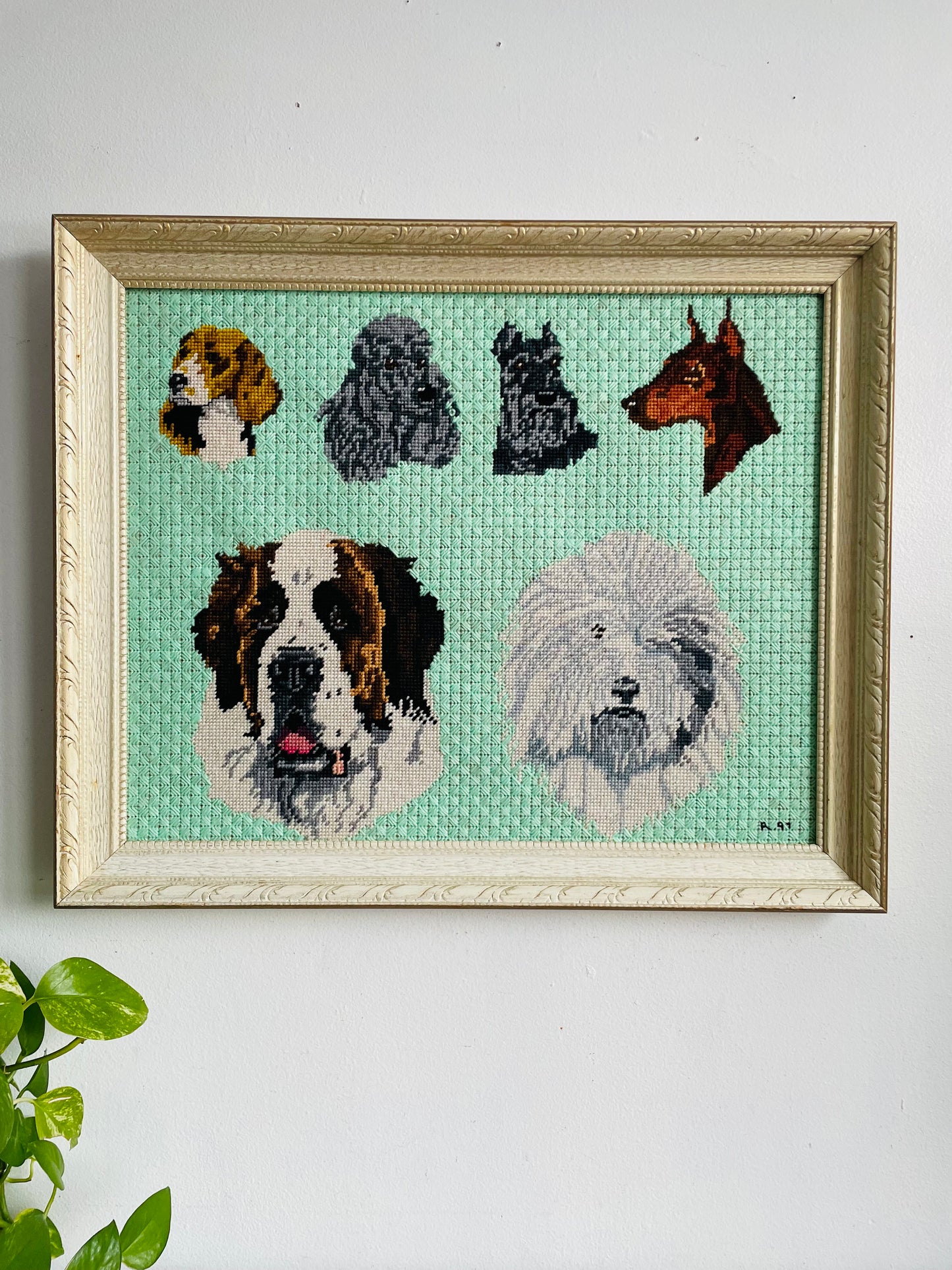 Vintage 1997 Adorable Needlepoint Embroidery Picture of Dog Breeds on Seafoam Green Background in Wood Frame - Beagle, Poodle, Schnauzer, Doberman, St. Bernard & Sheepdog