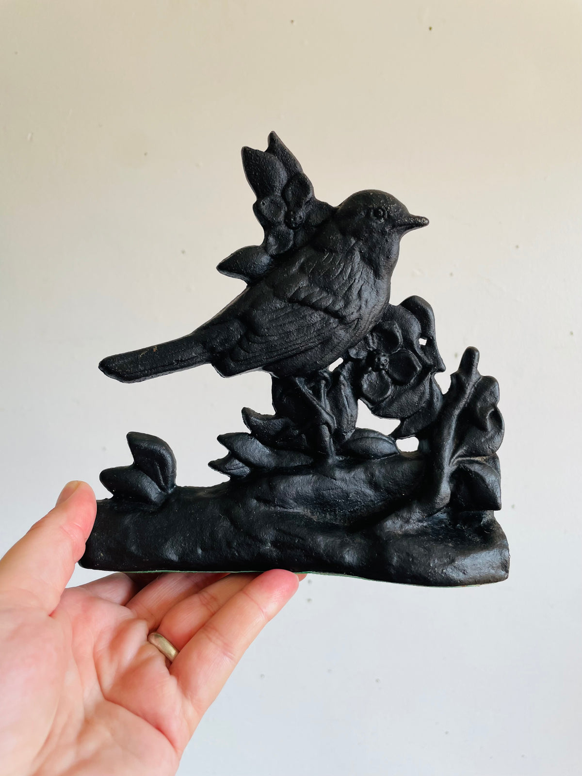 Vintage Heavy Black Cast Iron Faithful Robin Bird Doorstop or Bookend