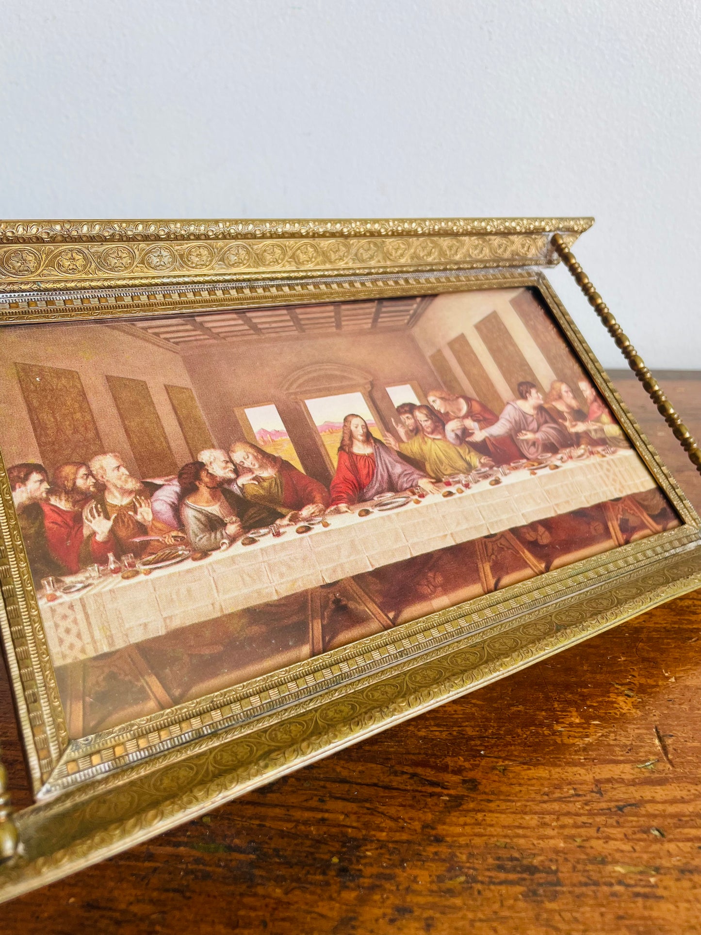 Vintage Unique Solid Brass Picture Frame with The Last Supper Religious Print Inside - Print Can Be Removed & Replaced - Easel Backing & Hooks for Hanging