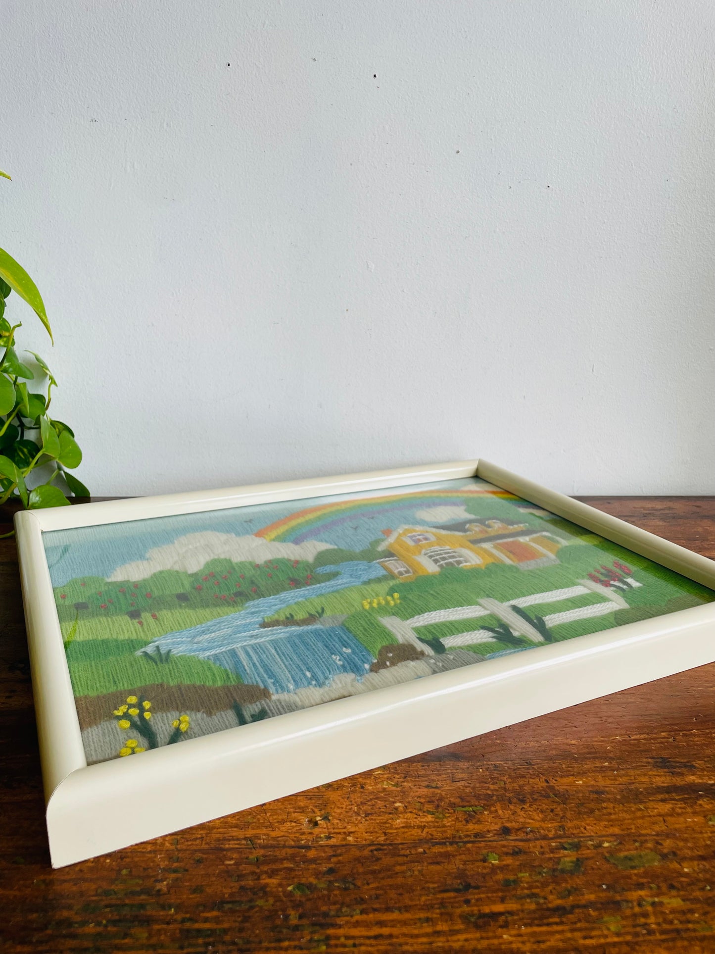 Vintage Absolutely Adorable Cheerful & Bright Crewel Embroidery Picture of Yellow House Under Rainbow - Signed on Back: To Adam Love Mommy & Daddy July 1986