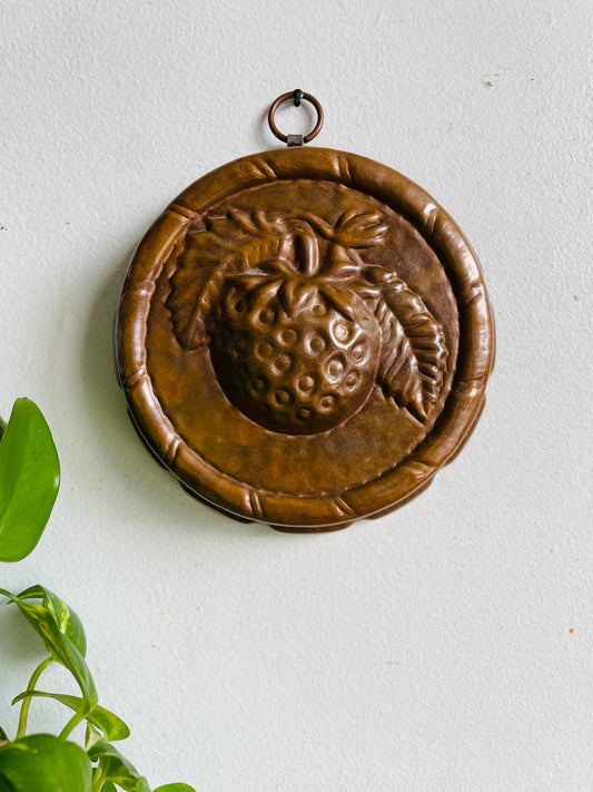 Vintage Solid Copper Round 6" Jelly Mold Wall Hanging with Botanical Raspberry Fruit Design