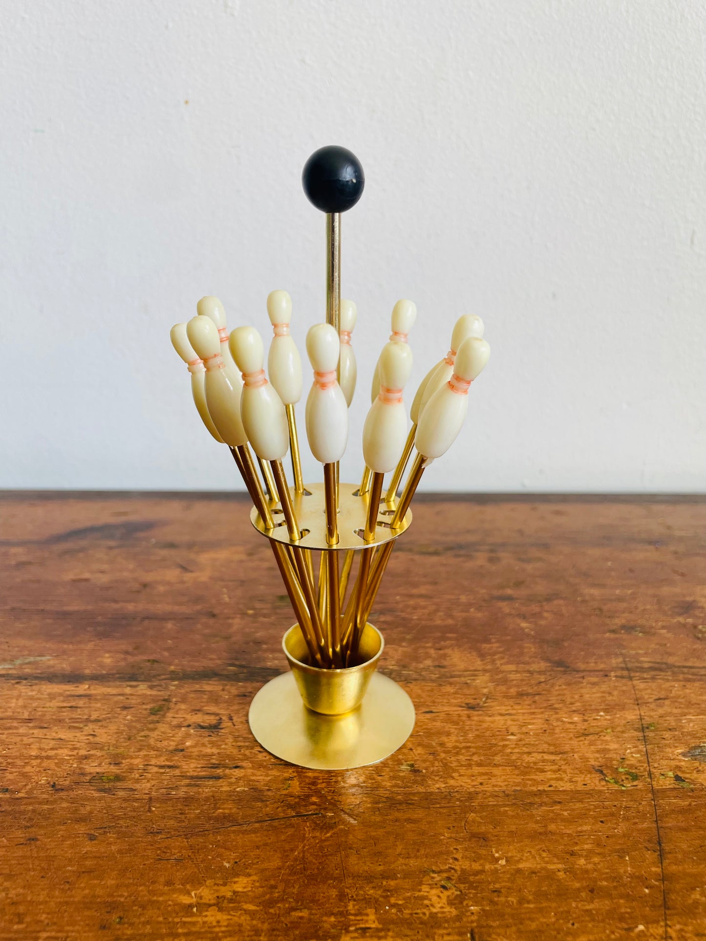 Vintage Set of 12 Bowling Pin Mini Appetizer Skewer Forks in Display Stand with Carry Handle - Cocktail / Hors d'oeuvres / Olives - Retro MCM Barware