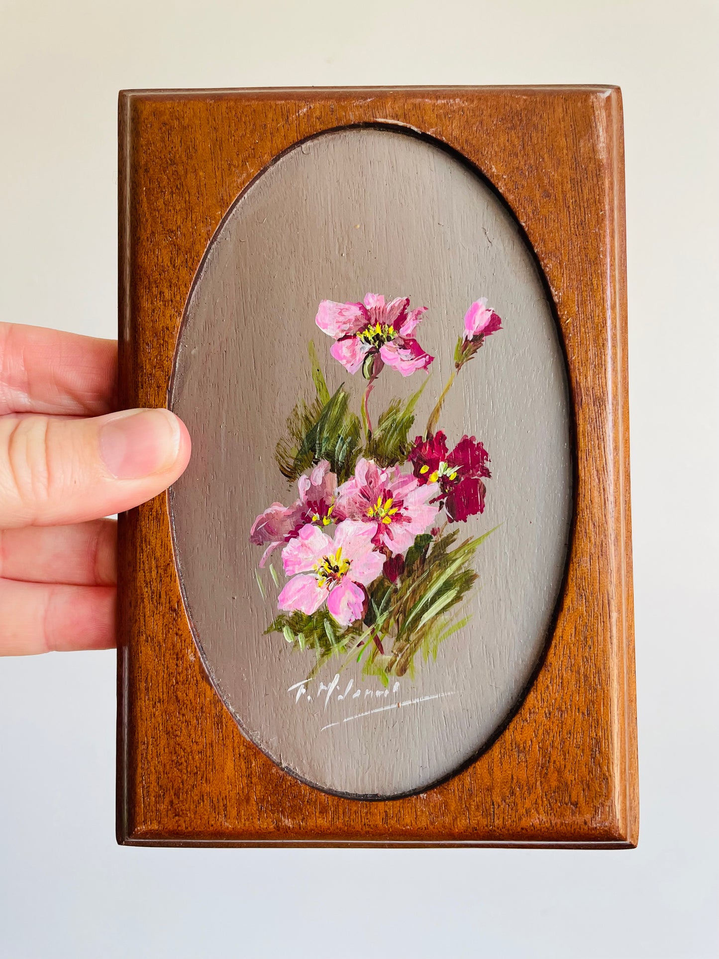 Original Art Painting on Wood Plaque of Purple & Pink Flowers - Artist Signed