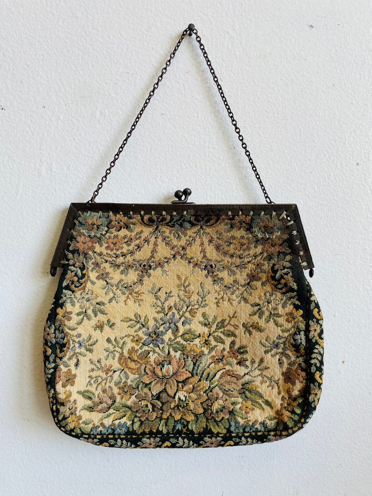 Antique French Floral Tapestry Clutch Purse on Chain - Made in France