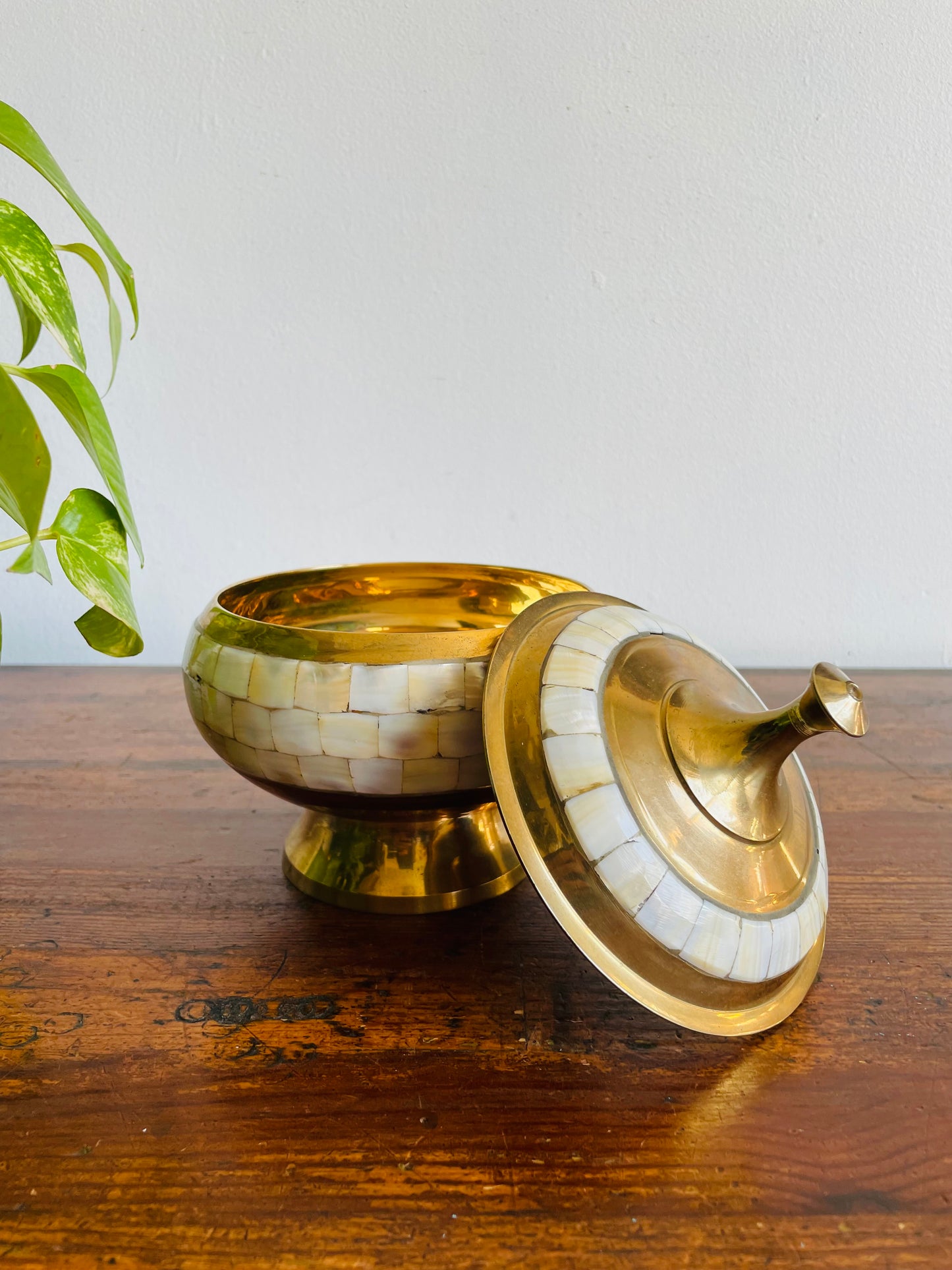 Beautiful Brass Pedestal Bowl with Lid & Inlaid Mother of Pearl Tiles