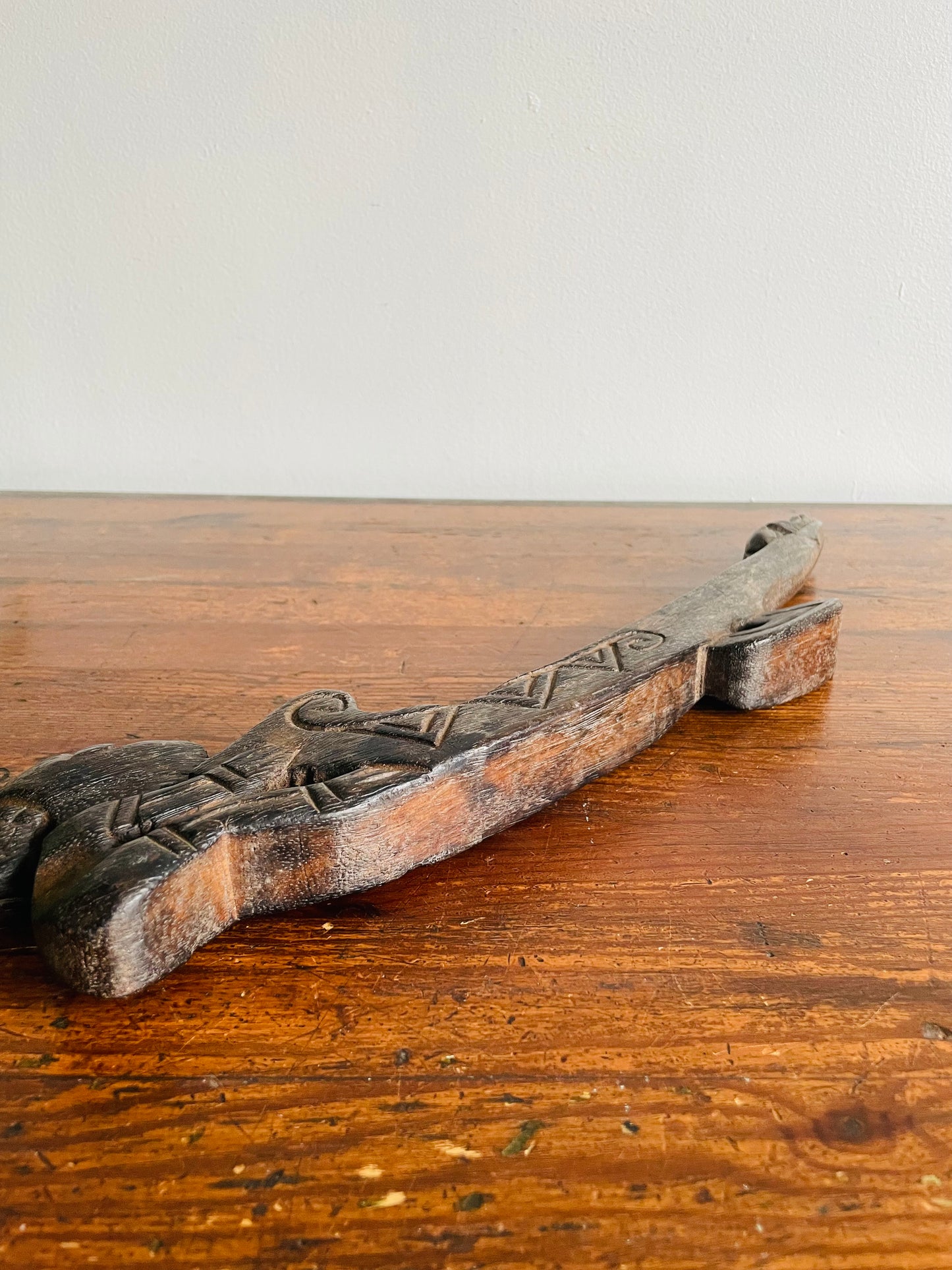 Long Carved Wood Incense Burner with Human Figure Design