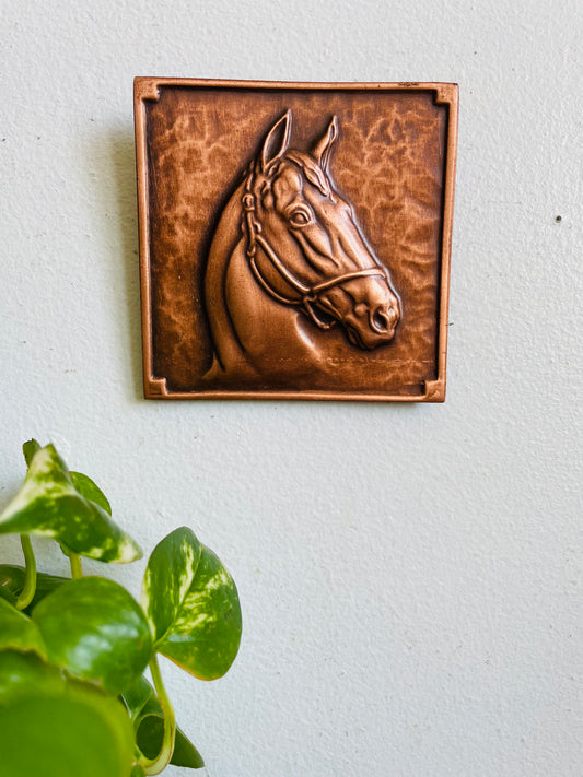 Vintage Albert Gilles Copper Art Repoussé Embossed Relief Square Horse Head Picture - Equestrian Decor