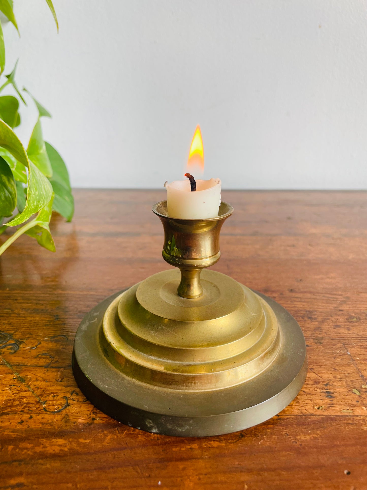 Vintage H Solid Brass Handmade Candle Holder with Round Graduated Stacked Base - Made in India