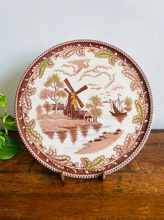 Vintage Brown Transferware Footed Cake Platter Plate with Dutch Windmill, Boat, Leaves & Acorns Scene - Made in Japan