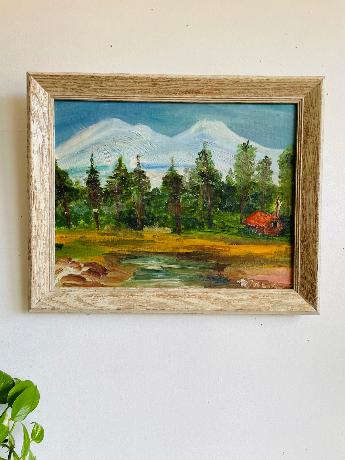 Vintage Original Art Painting Picture of Forest on Lake Nature Scene with Red Cabin House & Smoking Chimney - Signed Maria - No Shipping