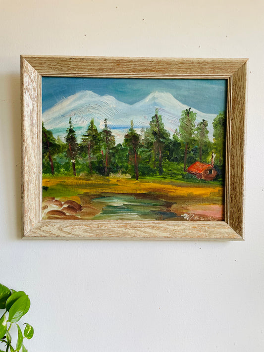 Vintage Original Art Painting Picture of Forest on Lake Nature Scene with Red Cabin House & Smoking Chimney - Signed Maria - No Shipping
