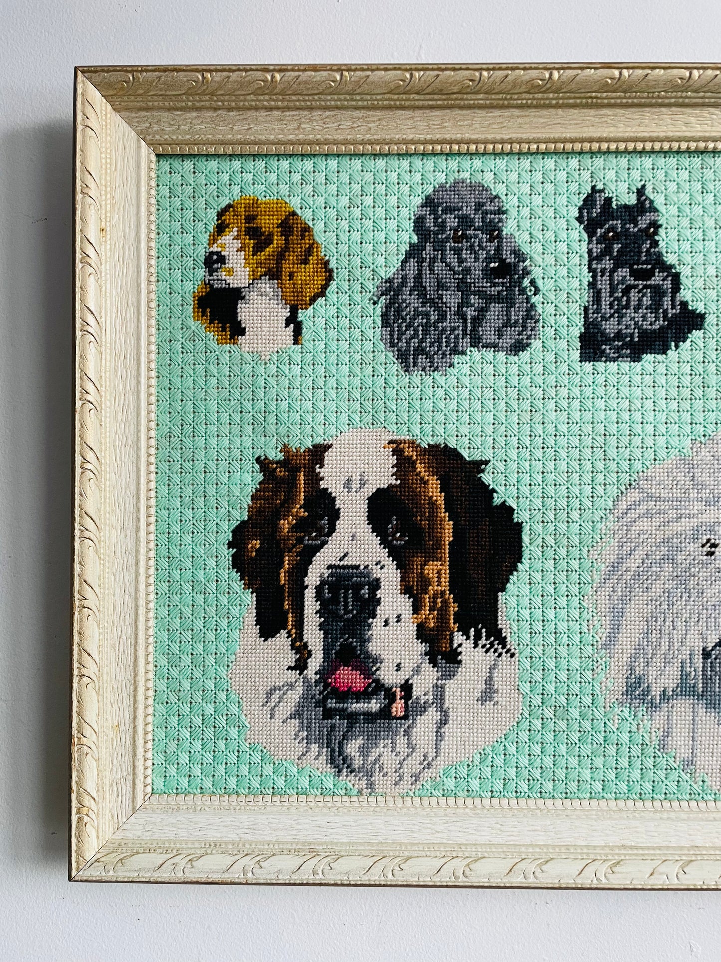 Vintage 1997 Adorable Needlepoint Embroidery Picture of Dog Breeds on Seafoam Green Background in Wood Frame - Beagle, Poodle, Schnauzer, Doberman, St. Bernard & Sheepdog