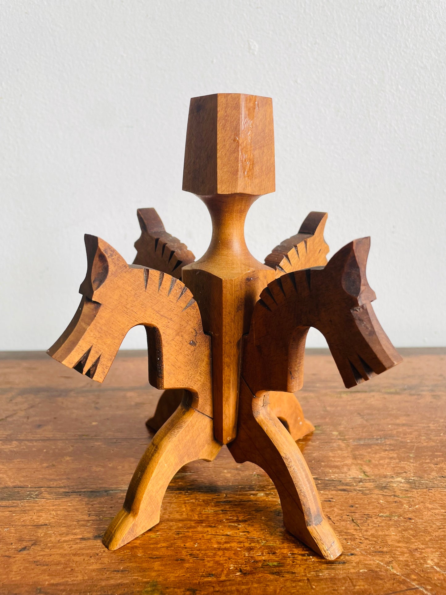 Vintage Swedish Odinstake Wood Candle Holder with Interlocking Puzzle Horse Figurines by Bertil Johansson - Sparlösa Sweden