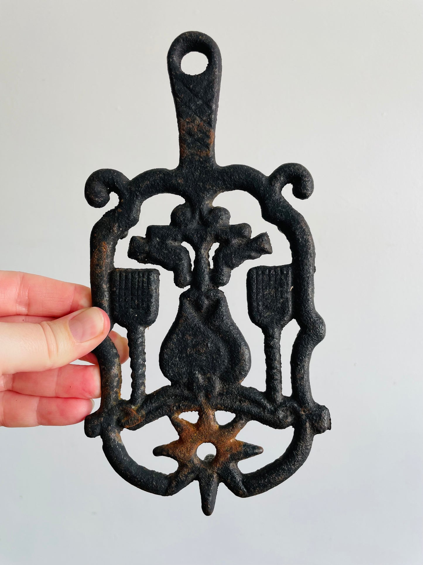 Cast Iron Footed Trivet with Hearts, Brooms, Birds & Star Design