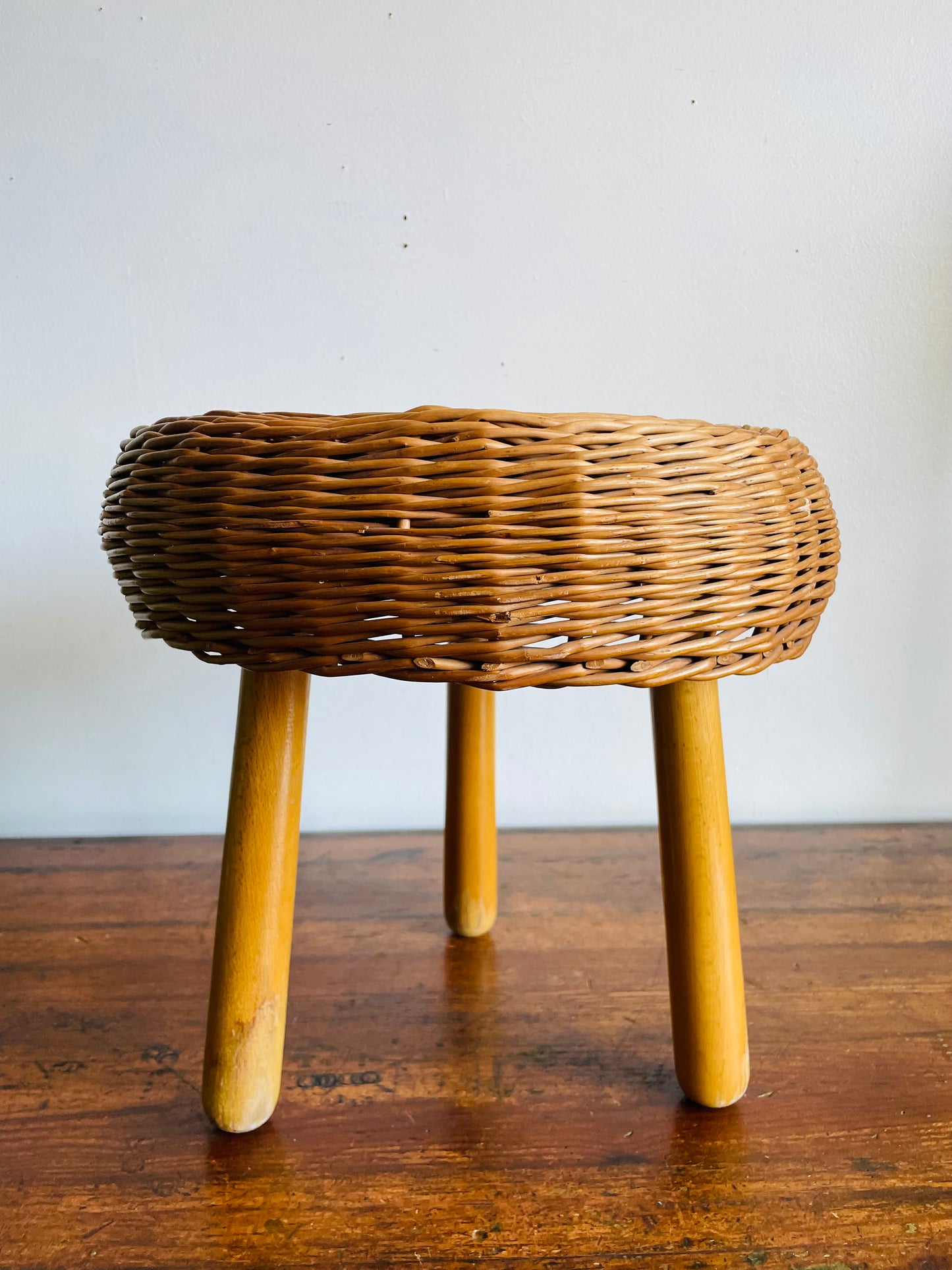 Vintage Mid-Century Modern Tony Paul Attributed Style Wood & Wicker Footrest Stool or Small Side Table with Tripod Spindle Legs