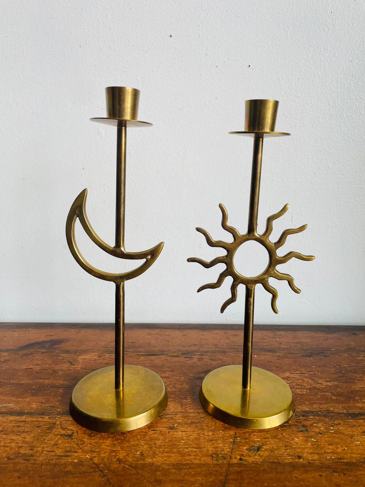 Vintage 90s Tall Brass Celestial Taper Candle Holders - Sun & Crescent Moon - Whimsigoth Decor - Set of 2