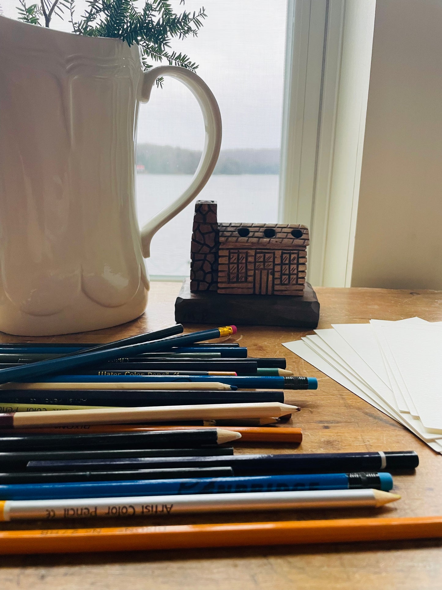 Handmade Carved Wood Log Cabin Pen or Pencil Holder