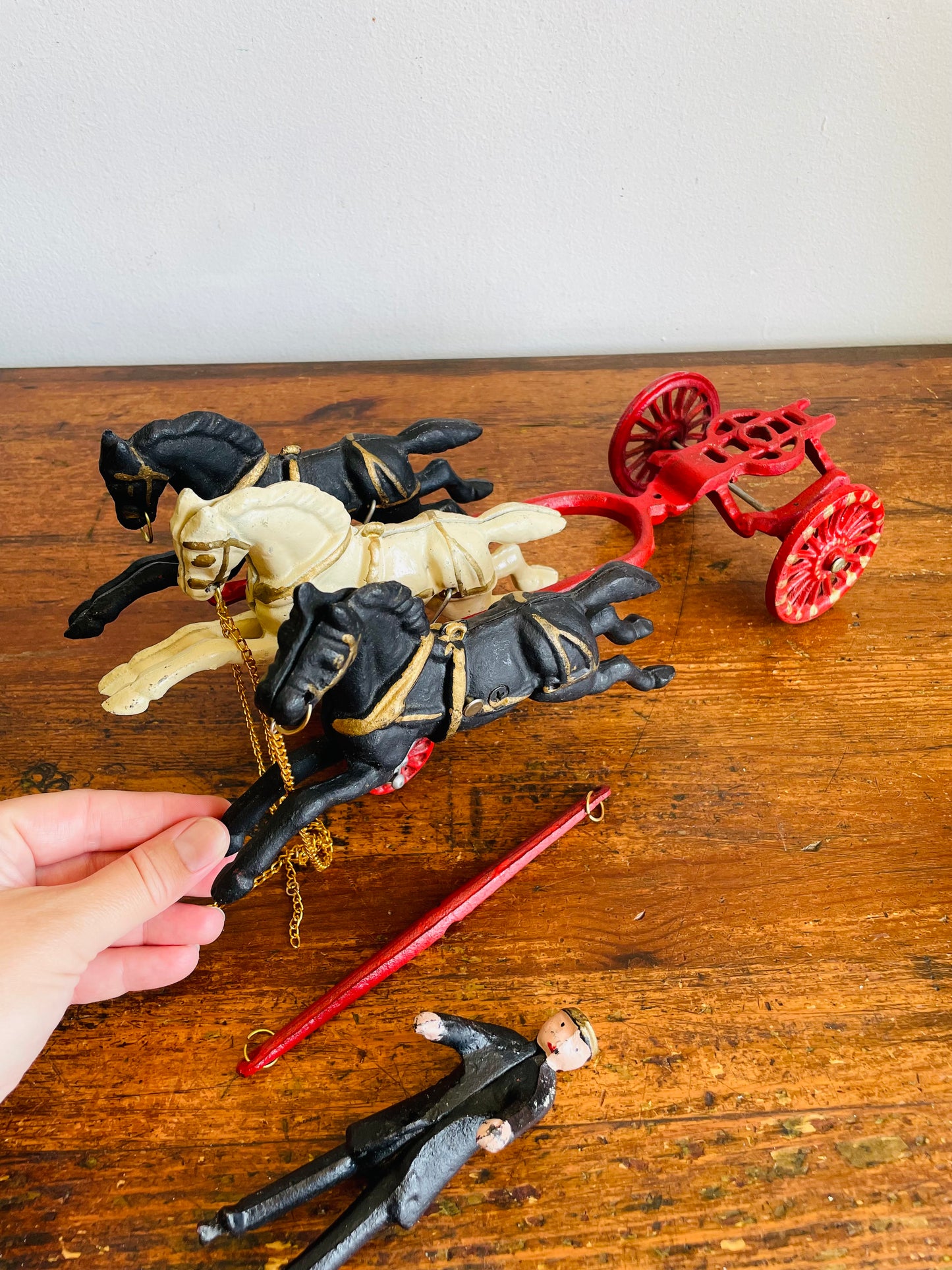 Vintage Hubley Cast Iron Three Horse Drawn Patrol or Fire Wagon with Driver Figure - Please Read