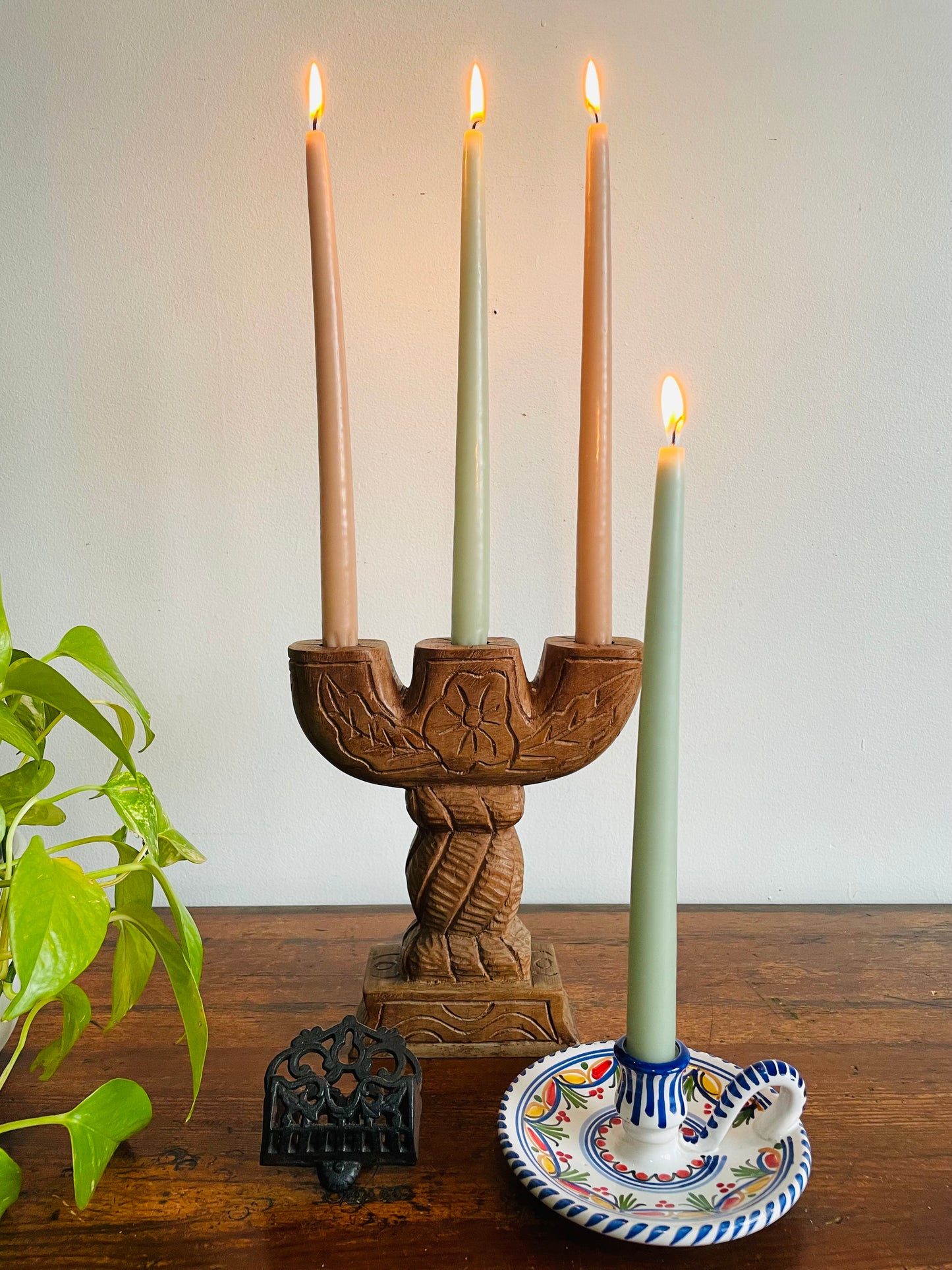 Large & Solid Hand Carved Wood Three Branch Candle Holder - Artist Signed R. Joseph