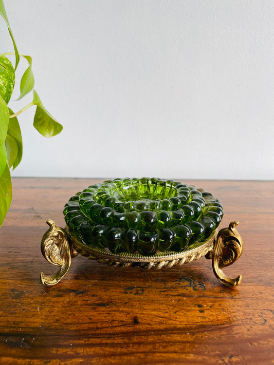 Hazel Atlas Green Glass Nesting Flower Ashtrays or Trinket Dishes in Solid Brass Holder - Set of 4 Pieces