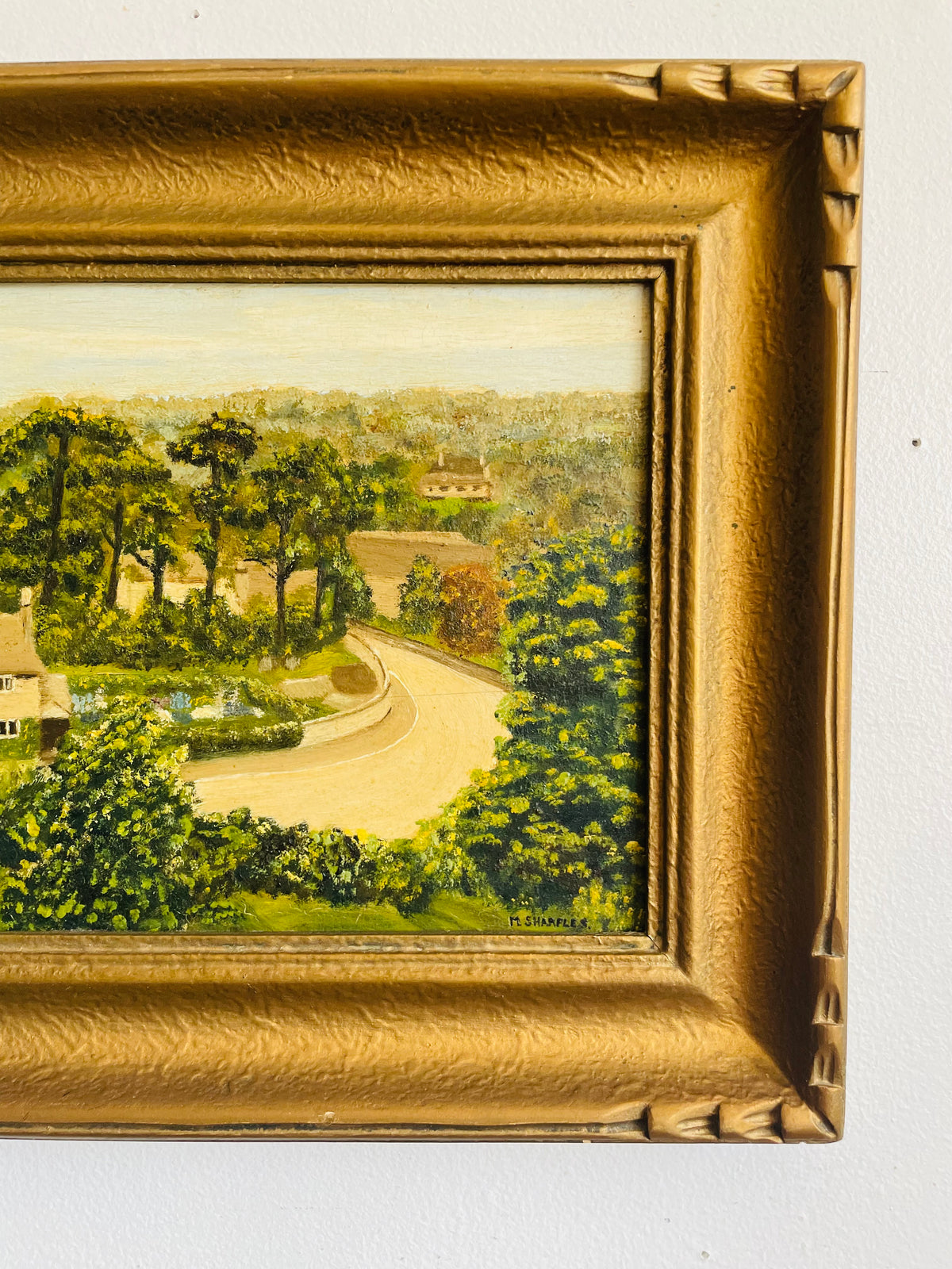 Vintage Original Art Painting in Gold Frame - English Country Scene with House & Trees on Winding Road - Artist Signed M. Sharples - Image Recreated from a Postcard