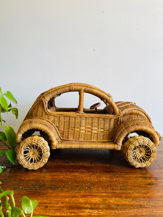 Unique & Fun Bamboo & Wicker Volkswagen VW Beetle Car - Wheels Roll!