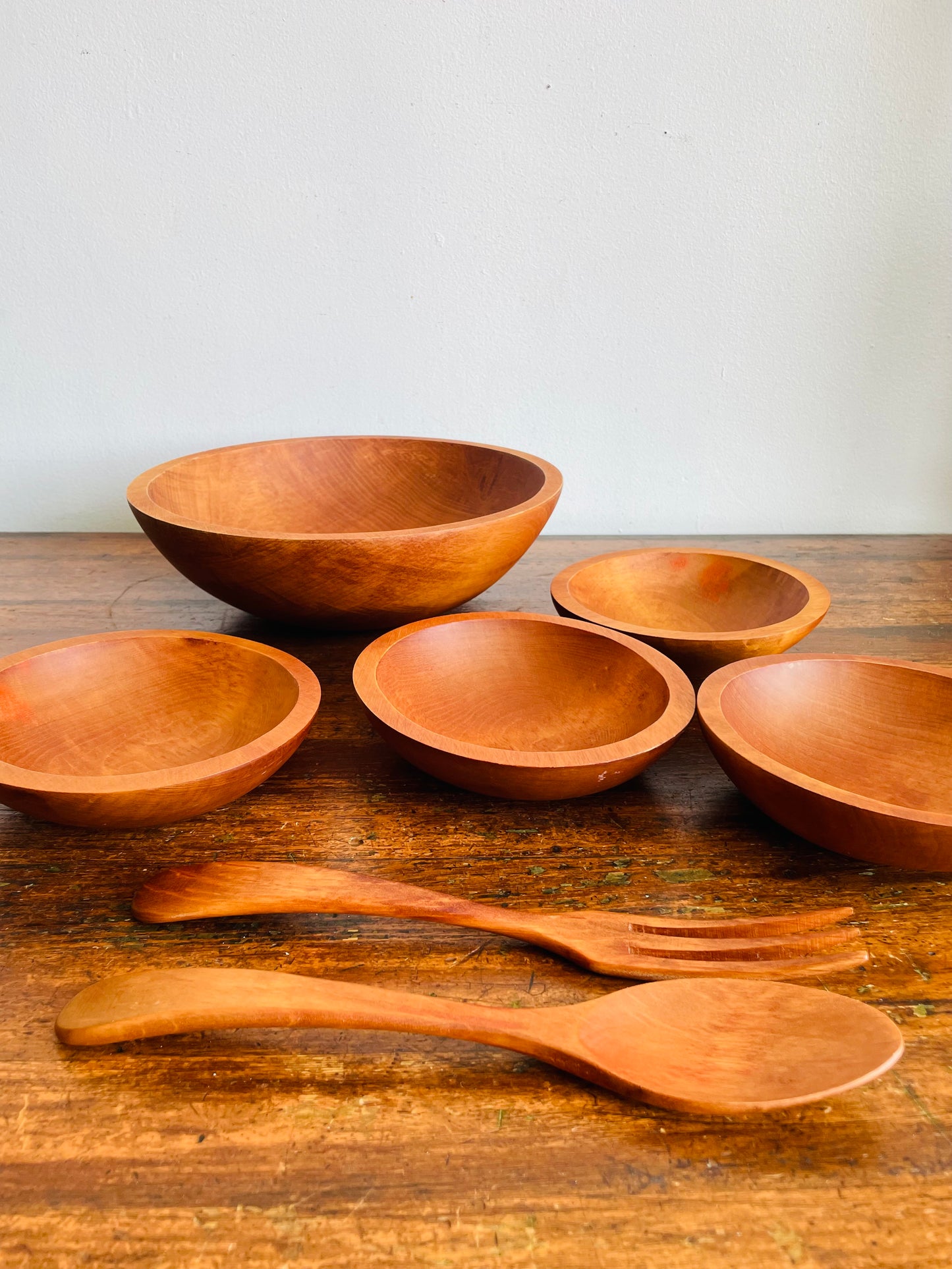 Vintage Brand New in Box Baribocraft / Lesko Baribo Maid Wooden Salad Serving Bowl Set with Utensils - Made in Quebec, Canada - Set of 7 Pieces