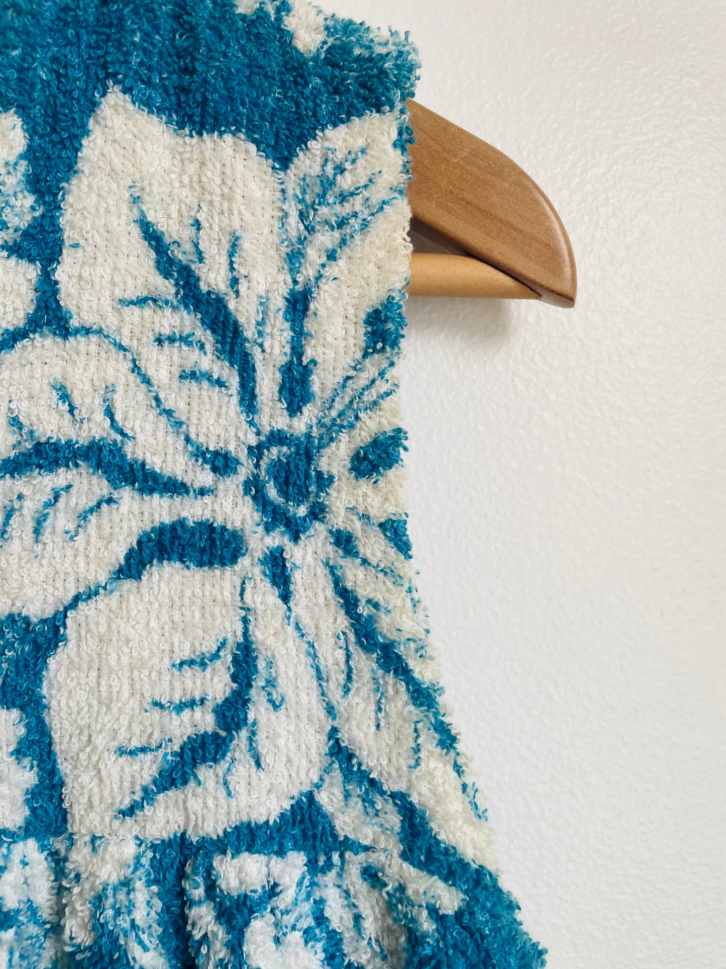 Zippered Terry Cloth Towel Dress or Beach Cover-Up with Pockets & Blue & White Tropical Hibiscus Flower Design